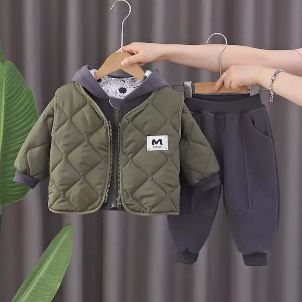 Boys Quilted Green Jacket With Grey Sweatshirt & Jogger Set TrendyKid