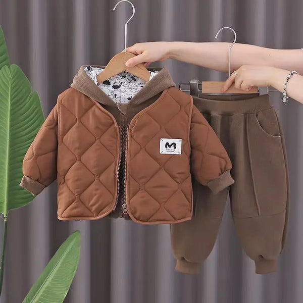 Boys Quilted Brown Jacket With Sweatshirt & Jogger Set TrendyKid
