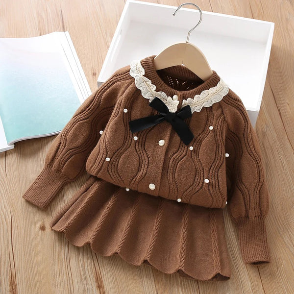 Girls Brown Knit Sweater And Skirt Set 2 Pcs