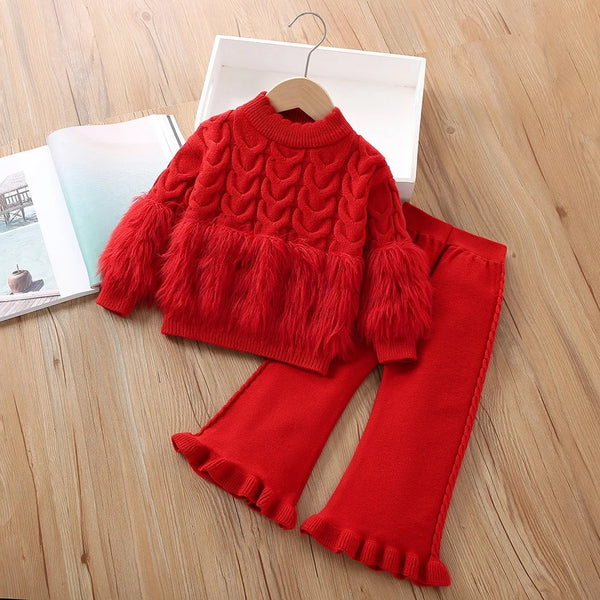 Girls Designer Red Knitted Top And Pants 2 Pcs Set