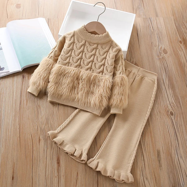 Girls Designer Brown Knitted Top And Pants 2 Pcs Set