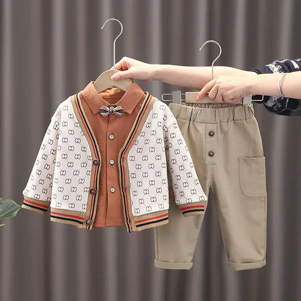 Boys Printed Sweater with Brown Shirt And Pants 3 Pcs Set