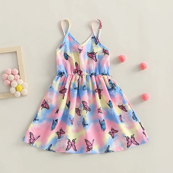 Girls Multicolor Butterfly Printed  Dress