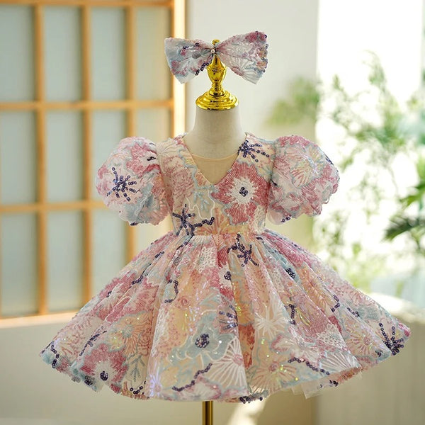 Girls Multicolored Floral Sequins Party Dress