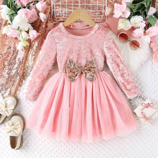 Girls Sequins Bow Pink Party Dress