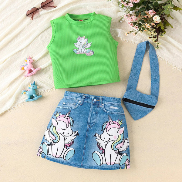 Girls Unicorn Printed Knitted Top And Skirt With Bag