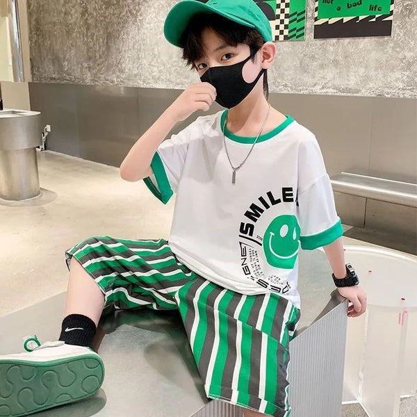 Boys Smile Printed T-Shirt And Striped Shorts