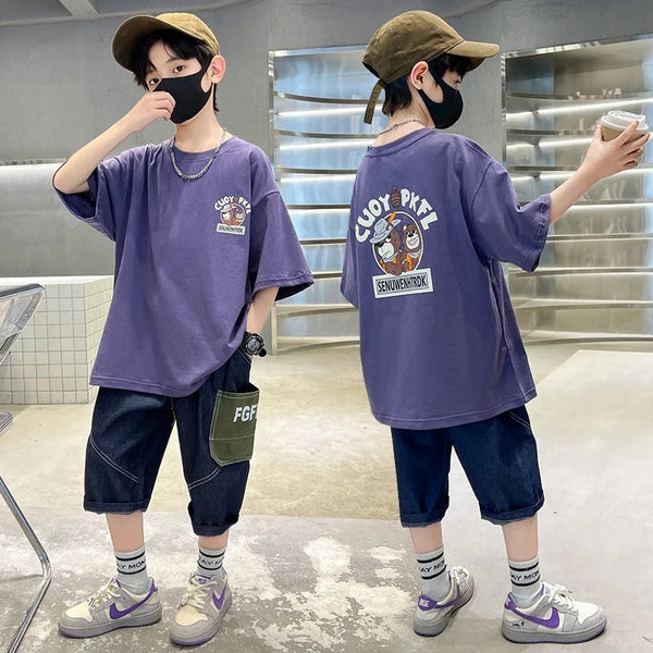 Boys Purple Printed T-Shirt And Denim Shorts 2 Pcs Set