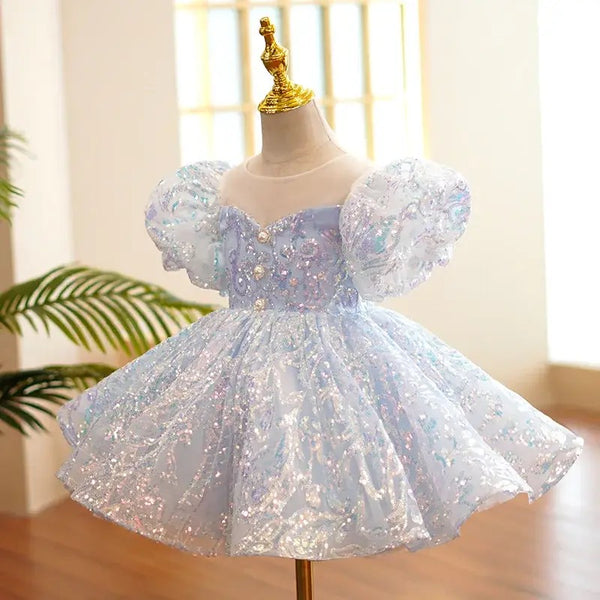 Girls Blue Designer Sequins Party Wear Dress