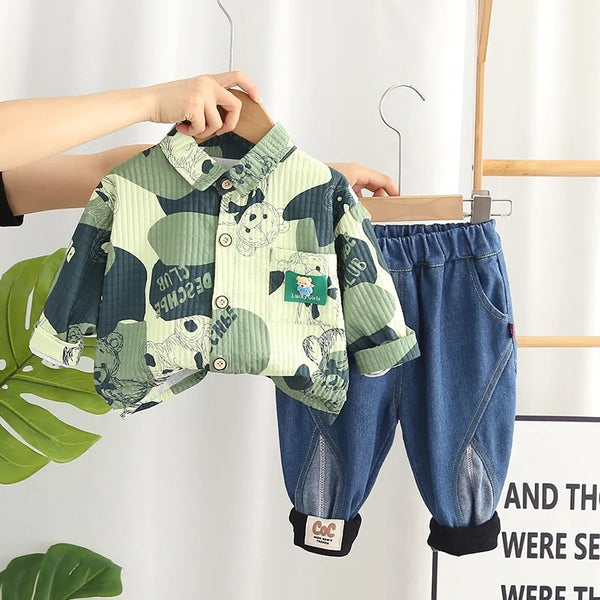 Boys Abstract Printed Designer Shirts And Jeans 2 Pcs Set