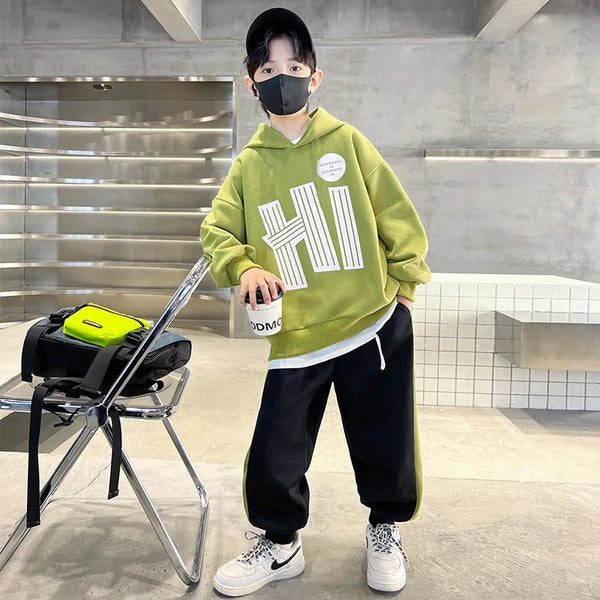 Boys Hi Printed Green Hoodie And Jogger 2 Pcs Set