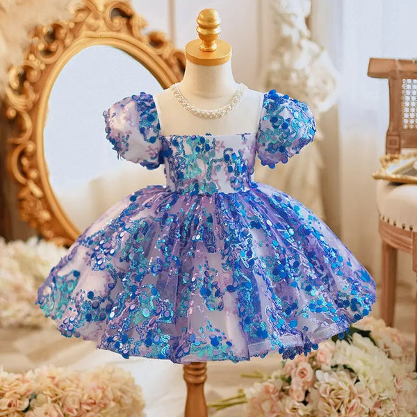 Girls Blue Designer Sequins Party Wear Dress