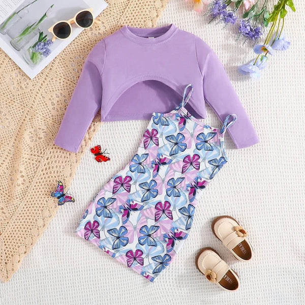 Girls Purple Butterfly Printed Dress With Top