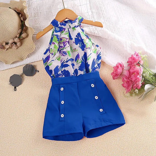 Girls Blue Floral Printed Top And Shorts 2 Pcs Set