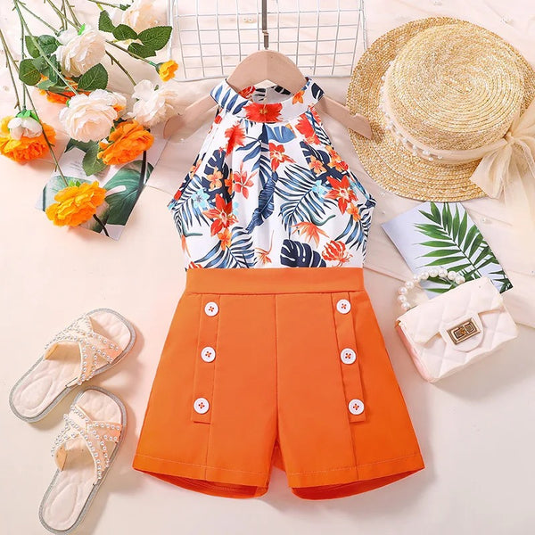 Girls Printed Floral Top And Shorts 2 Pcs Set