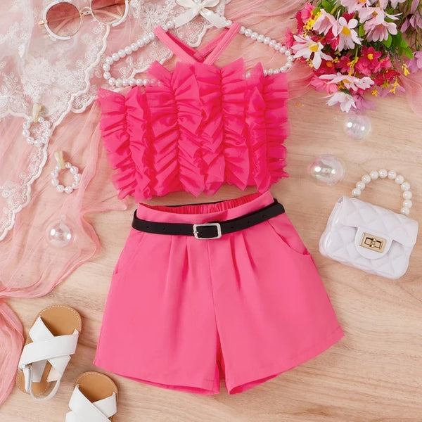 Girls Pink Frill Halter Top with Shorts and Belt 3 Pcs Set