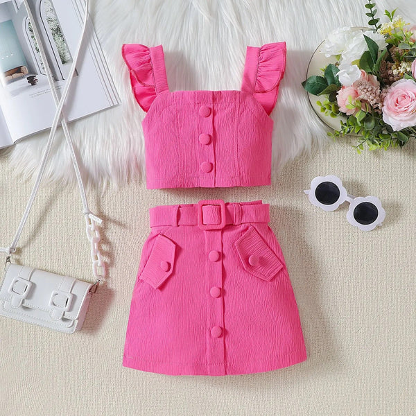 Girls Pink Solid Crop Top And Skirt 2 Pcs Set