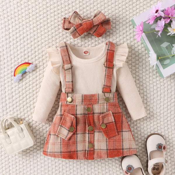 Baby Set Romper, Suspender Skirt and Headband