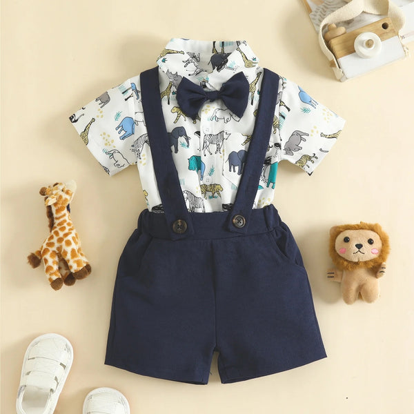 Baby Boy Romper Shirt, Suspender Shorts Set