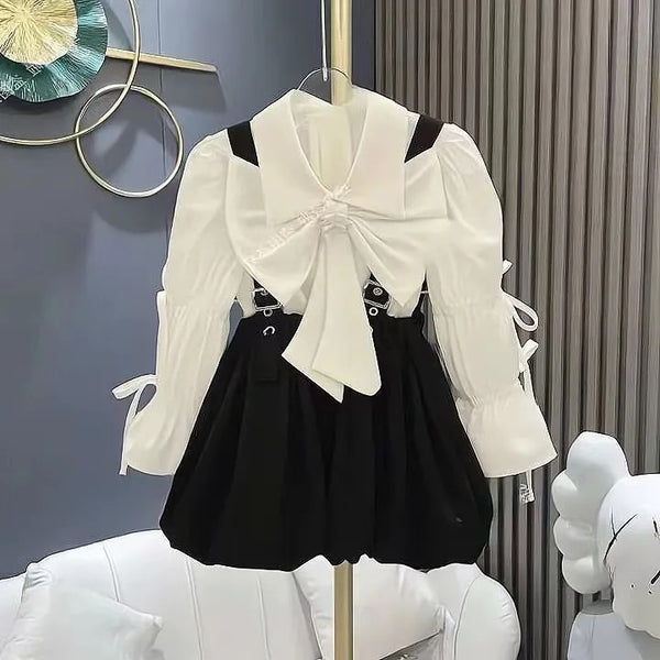 Girls White Bow Top And Suspender Skirt 2 Pcs Set