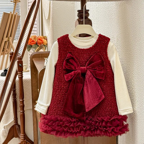 Girls Velvet Bow Dress With Ruffled Hem With Top