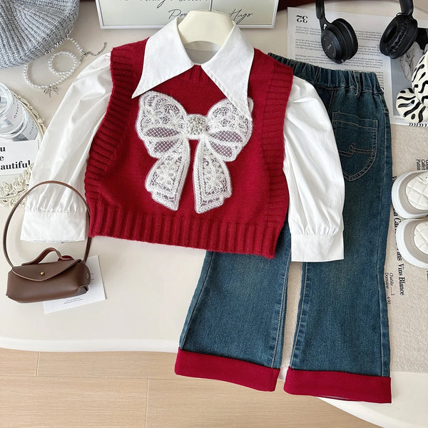 Girls Red Bow Sweater With Shirt And Jeans 3 Pcs Set