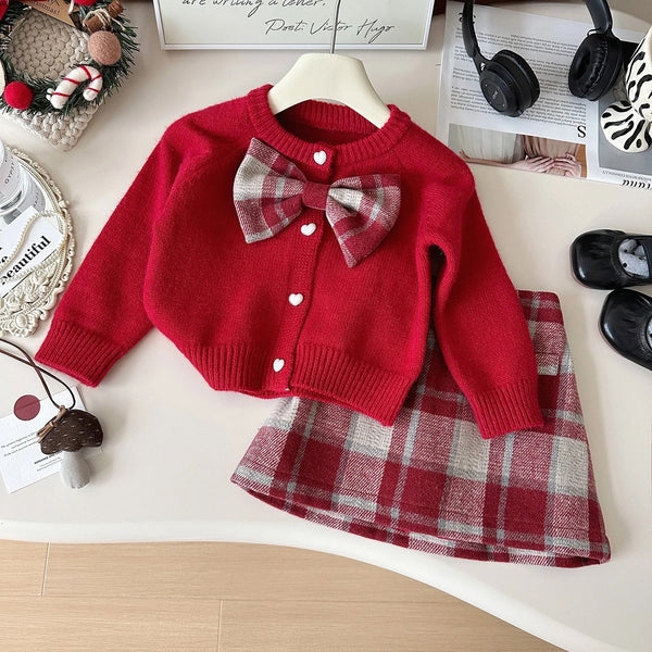 Girls Red Sweater And Plaid Skirt 2 Pcs Set