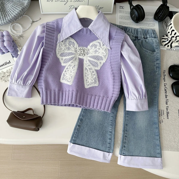 Girls Purple Bow Sweater With Shirt And Jeans 3 pcs Set