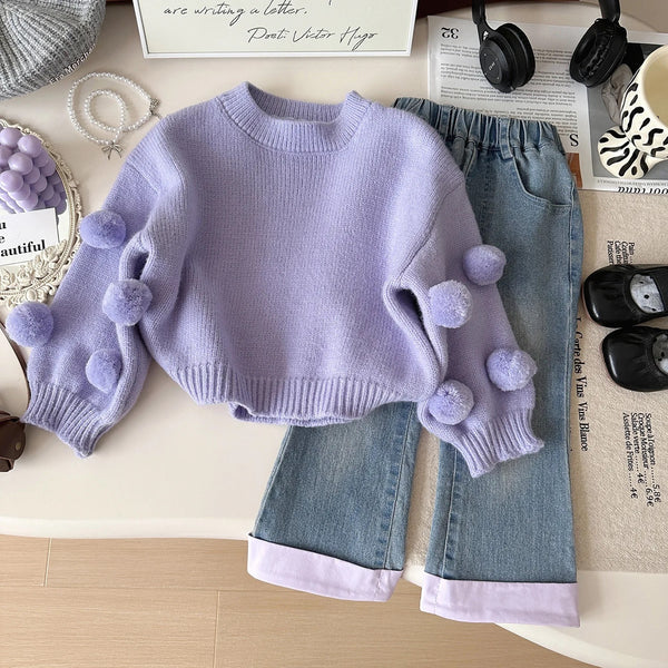 Girls Purple Sweater With Jeans 2 Pcs Set