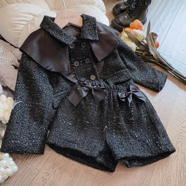 Girls Black Tweed Top And Shorts 2 Pcs Set