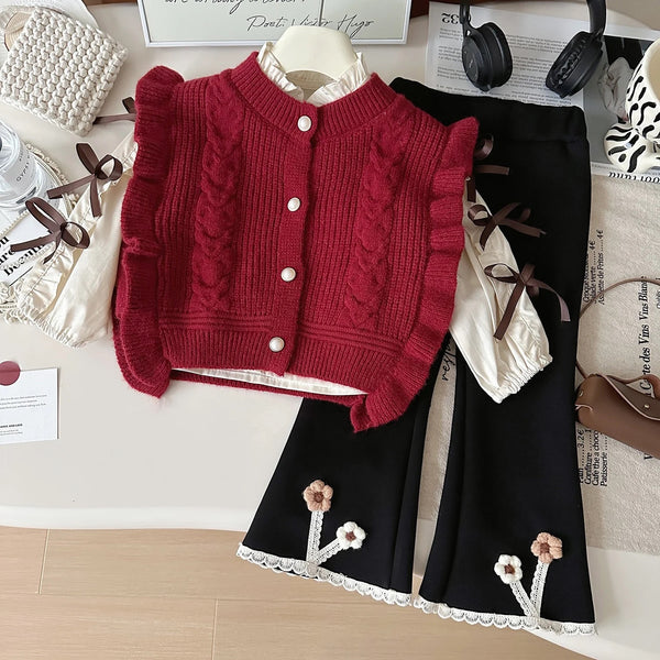 Girls Red Sweater With Designer Shirt And Pants 3 Pcs Set