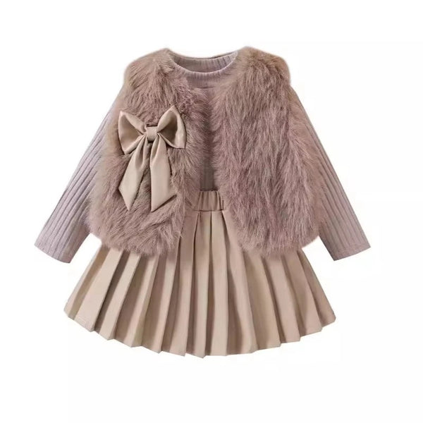 Girls Brown Fur Jacket with Knitted Top And Pleated Skirt