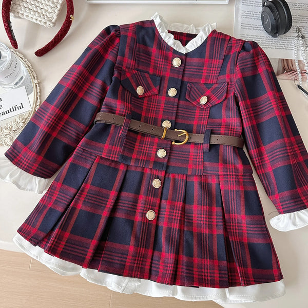 Girls Red Plaid Dress With Belt