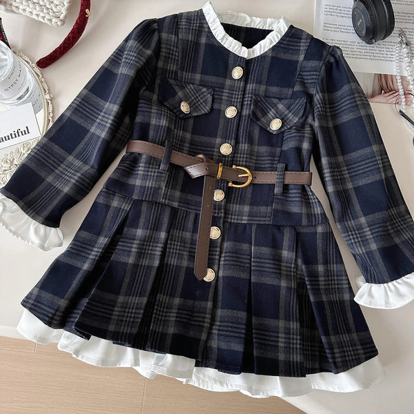 Girls Blue Plaid Dress With Belt