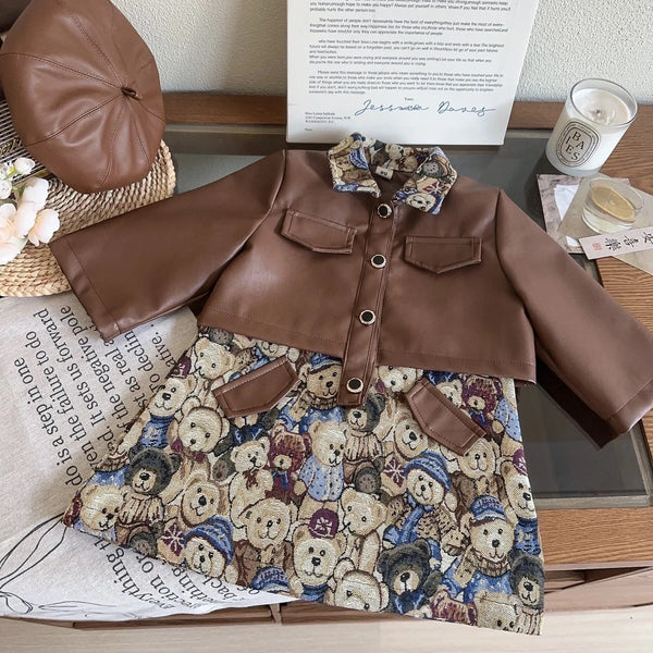 Girls Brown Short Jacket With Dress 2 Pcs Set