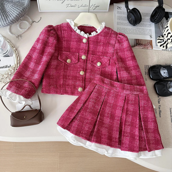 Girls Pink Plaid Tweed Jacket and Skirt Set