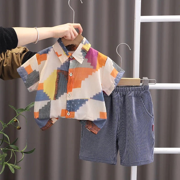 Boys Abstract Printed Shirt And Striped Shorts 2 Pcs Set