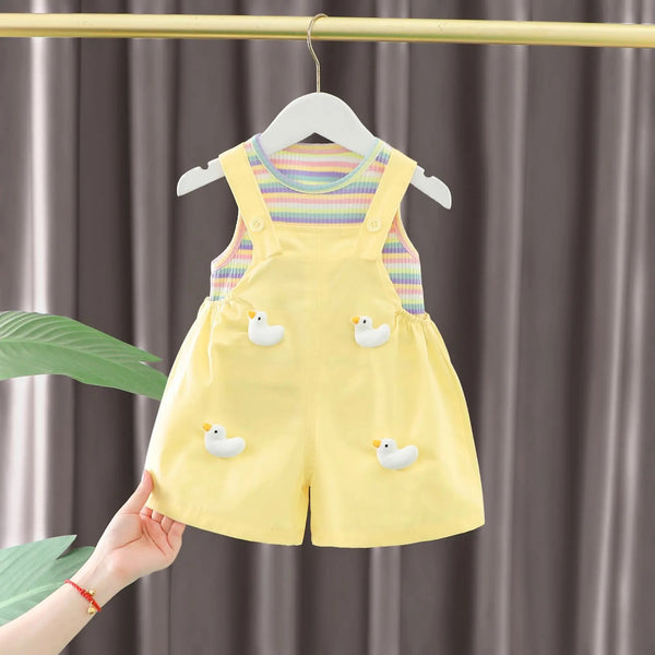 Girls Multicolored Top And Long Ears Yellow Dungaree Set