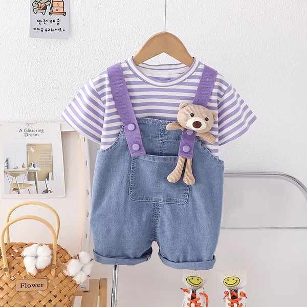 Girls Striped T-shirt And Dungaree Set With Attached Toy