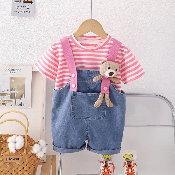 Girls Pink Striped T-shirt And Dungaree Set With Attached Toy