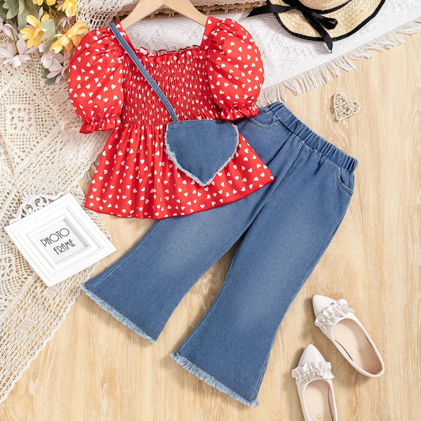 Girls Heart Printed Top And Jeans Set