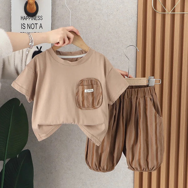 Boys Summer T-shirt And Brown Striped Shorts 2 Pcs Set