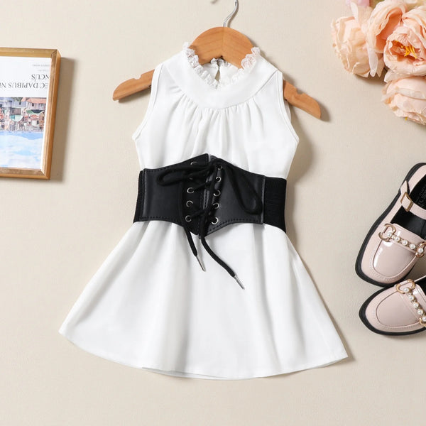 Girls Summer Solid White Dress With Belt