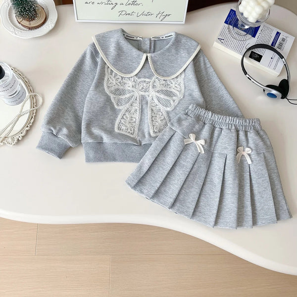 Girls Grey Bow Top And Pleated Skirt 2 Pcs Set