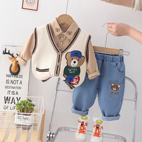 Boys Shirt With Teddy Sweater And Jeans 3 Pcs Set