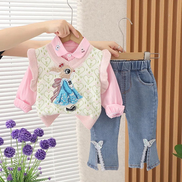 Girls Pink Shirt Sweater with Rabbit Motif And Jeans 3pcs Set