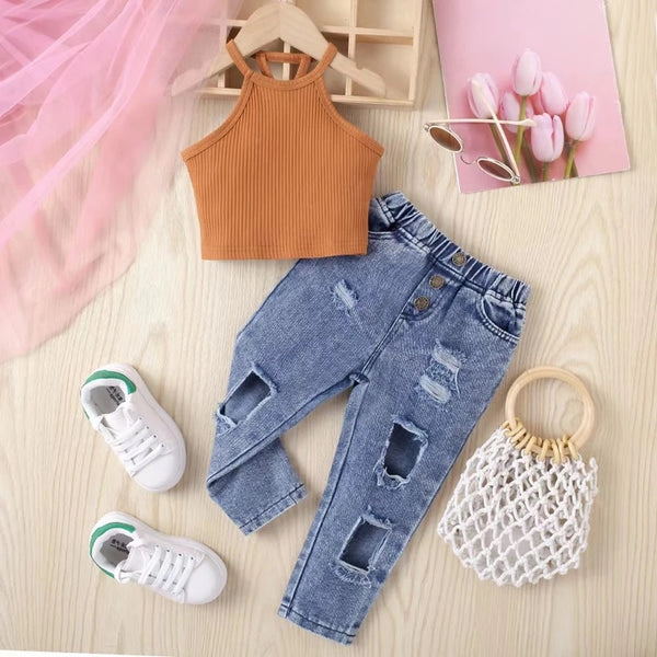 Girls Brown Knitted Halter Crop Top And Rugged Jeans 2 Pcs Set