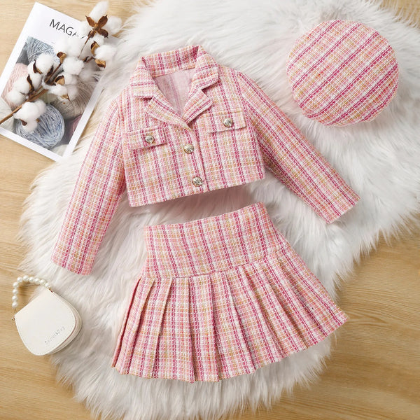 Girls Tweed Jacket And Pleated Skirt Set With Matching cap