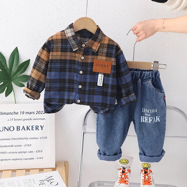 Boys Blue Plaid Shirt And Denim Jeans 2 Pcs Set