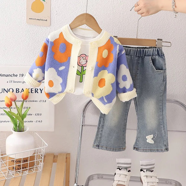 Girls Knitted Printed Sweater With T-shirt And Jeans